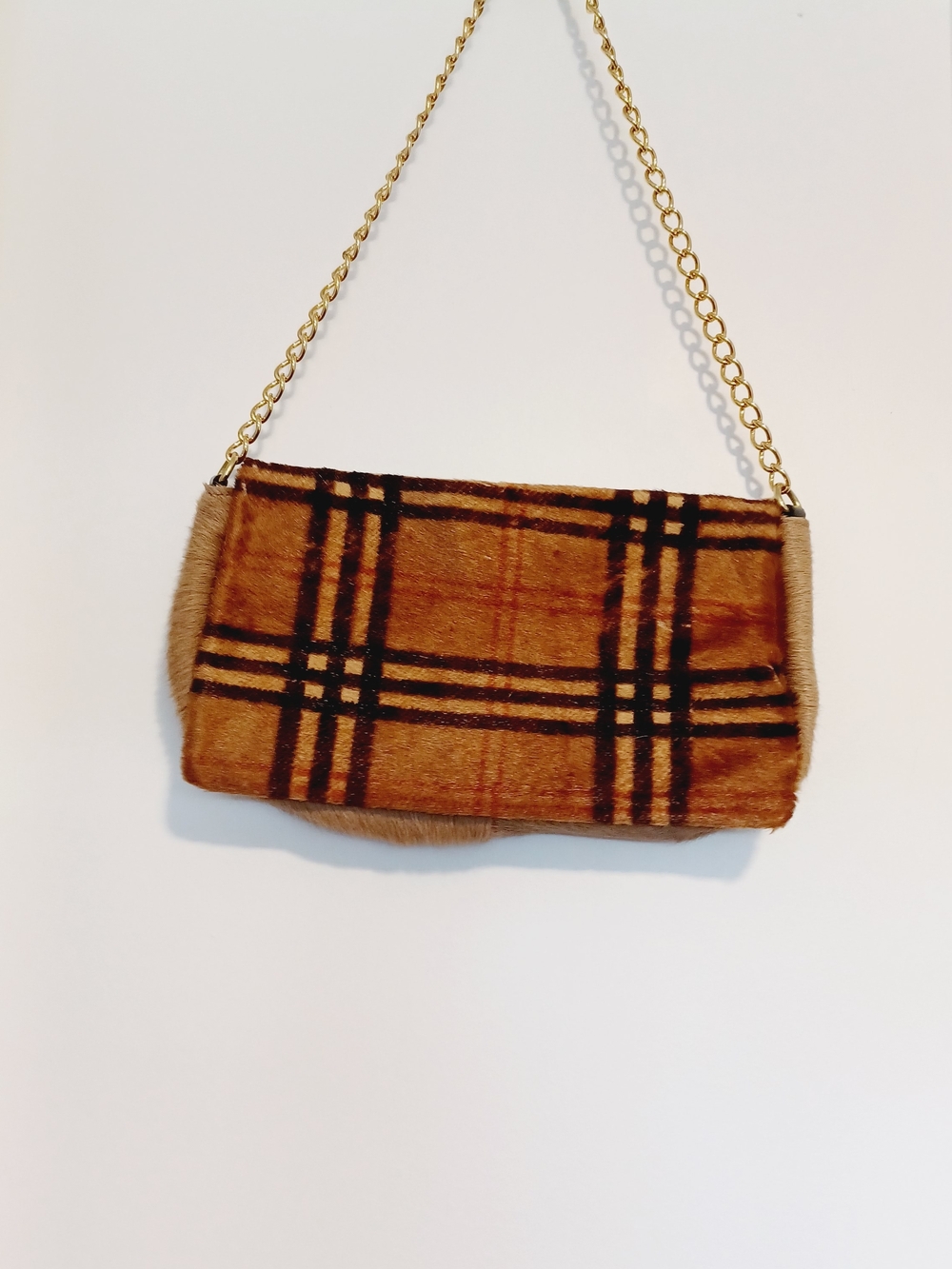 Plaid Tan Wristlet with Gold Chain